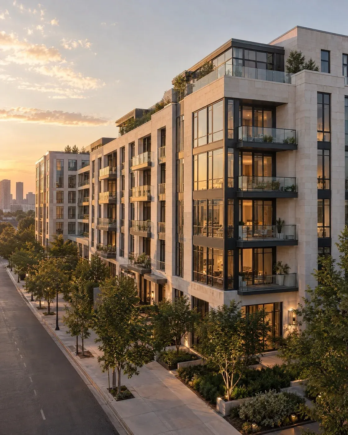 A modern U.S. multifamily building at golden hour.